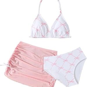 Girl's 3 Piece Bowknot Bathing Suit  with Beach Cover Up Skirt 12Y